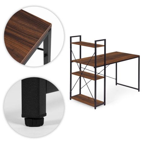 Biurko komputerowe szkolne 120x60 cm regał z 3 półkami ciemny orzech loft ModernHome