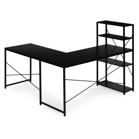 Biurko narożne z regałem 3 półki komputerowe czarne loftowe ModernHome