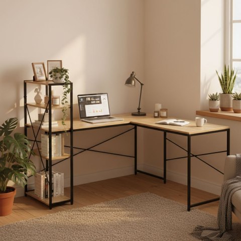 Biurko narożne z regałem 3 półki komputerowe jasny dąb loftowe ModernHome