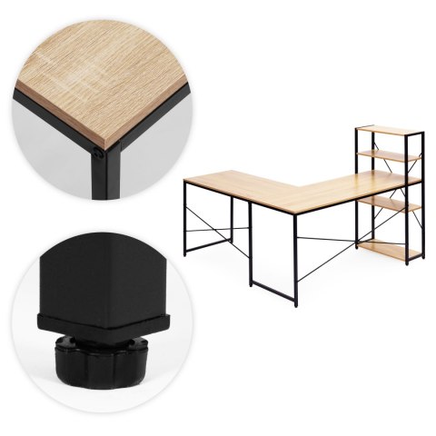 Biurko narożne z regałem 3 półki komputerowe jasny dąb loftowe ModernHome