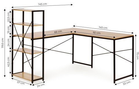Biurko narożne z regałem 3 półki komputerowe jasny dąb loftowe ModernHome