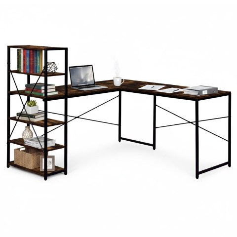 Biurko narożne z regałem 3 półki komputerowe postarzany orzech loftowe ModernHome