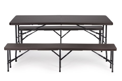 Zestaw cateringowy stół bankietowy 180 cm 2 ławki ratan brąz MultiGarden