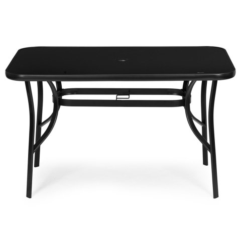 Stół ogrodowy 140x80 cm szkło hartowane otwór na parasol czarny MultiGarden