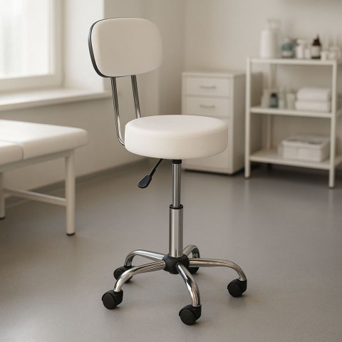 Stołek obrotowy z oparciem taboret kosmetyczny medyczny fotel regulowany biały ModernHome