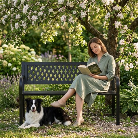 Ławka ogrodowa z ażurowym oparciem 120x50 cm metalowa parkowa czarna MultiGarden