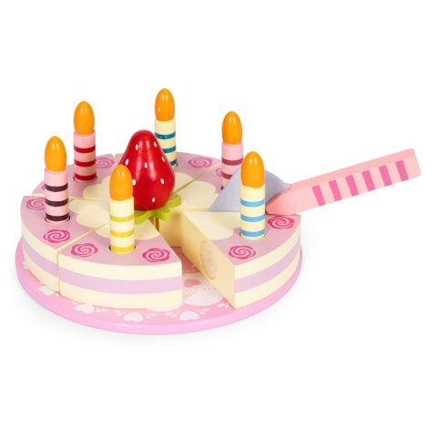 Zestaw drewniany tort na rzepy świeczki truskawka dla dzieci 15 elementów ECOTOYS