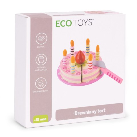 Zestaw drewniany tort na rzepy świeczki truskawka dla dzieci 15 elementów ECOTOYS